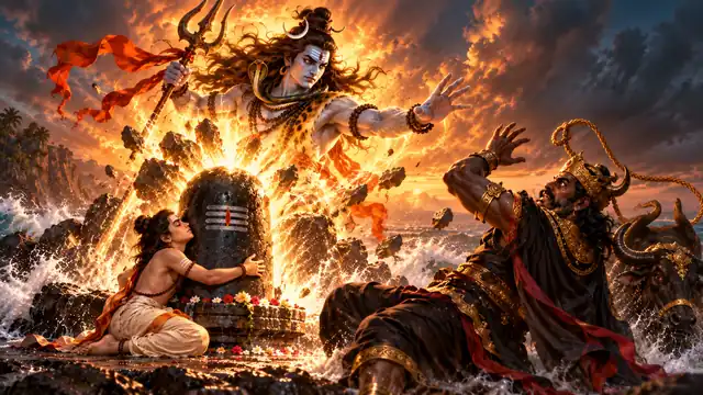 युवा मार्कण्डेय की रक्षा के लिए अग्निमय दिव्य प्रकाश के बीच शिवलिंग से प्रकट होते भगवान शिव