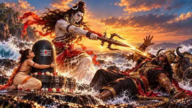 भगवान शिव त्रिशूल और अभय मुद्रा के साथ शिवलिंग से लिपटे मार्कण्डेय की रक्षा करते हुए, सामने यमराज पीछे हटते हुए