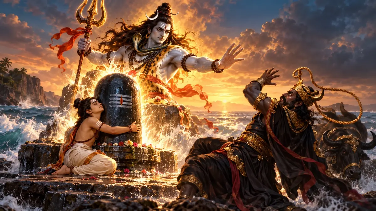 समुद्र तट पर शिवलिंग से लिपटे युवा मार्कण्डेय के पास भैंसे पर सवार यमराज आते हुए