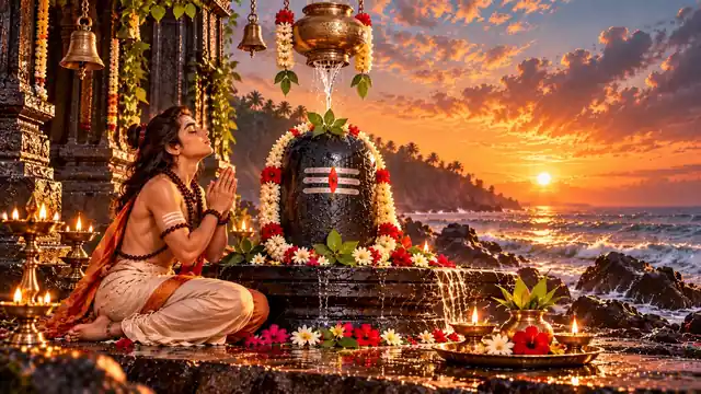 समुद्र तट पर फूलों से सजे शिवलिंग के सामने हाथ जोड़कर ध्यान करते युवा मार्कण्डेय