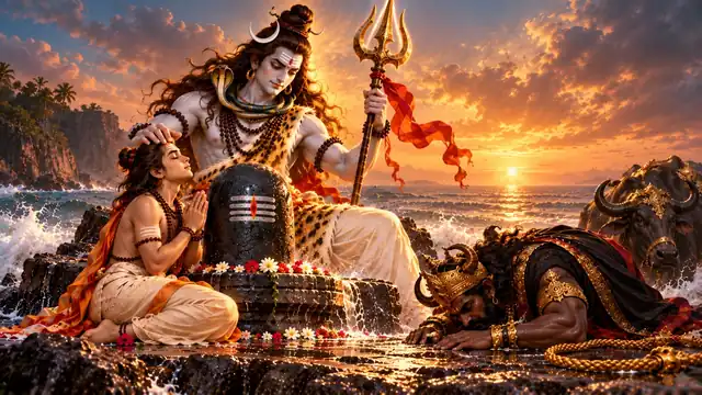भगवान शिव शिवलिंग के पास बैठे युवा मार्कण्डेय के सिर पर हाथ रखकर आशीर्वाद देते हुए, यमराज सामने नतमस्तक
