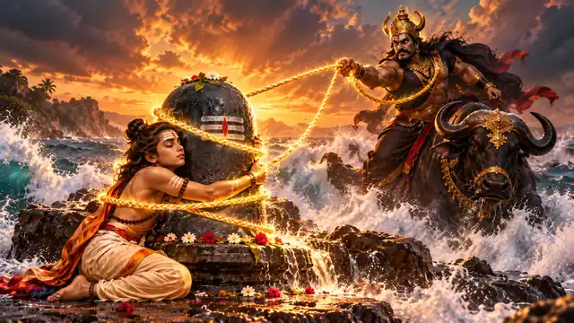 यमराज का चमकता काल-पाश शिवलिंग से लिपटे मार्कण्डेय को घेरता हुआ