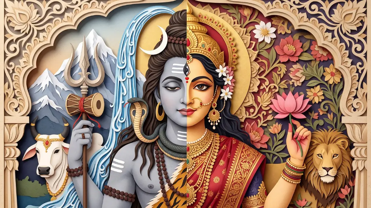 अर्धनारीश्वर की एक संयुक्त आकृति में दाईं ओर शिव भस्म और बाघंबर धारण किए हैं, जबकि बाईं ओर पार्वती लाल रेशमी वस्त्र और स्वर्णाभूषणों से सुसज्जित हैं।