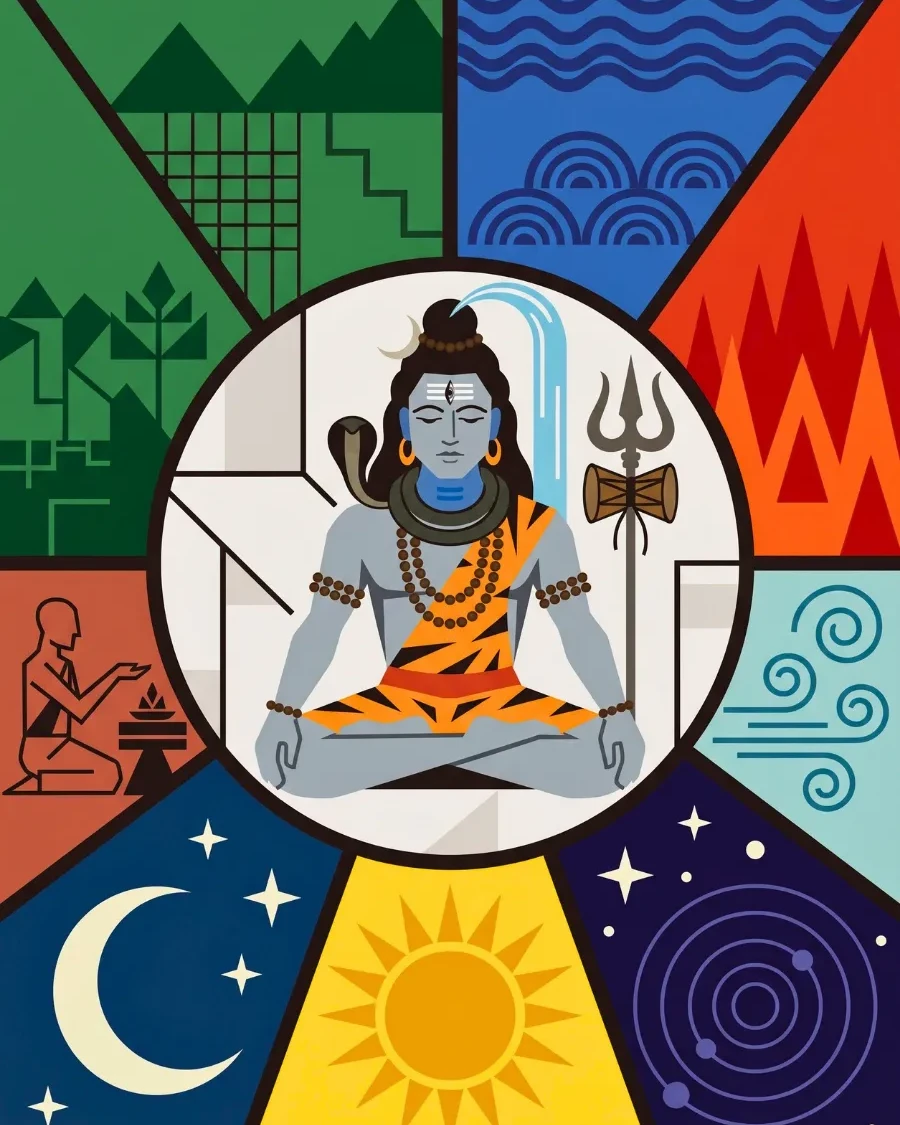 शिव आठ खानों के बीच खड़े हैं जिनमें तत्व, सूर्य, चंद्र और यजमान दिखते हैं।