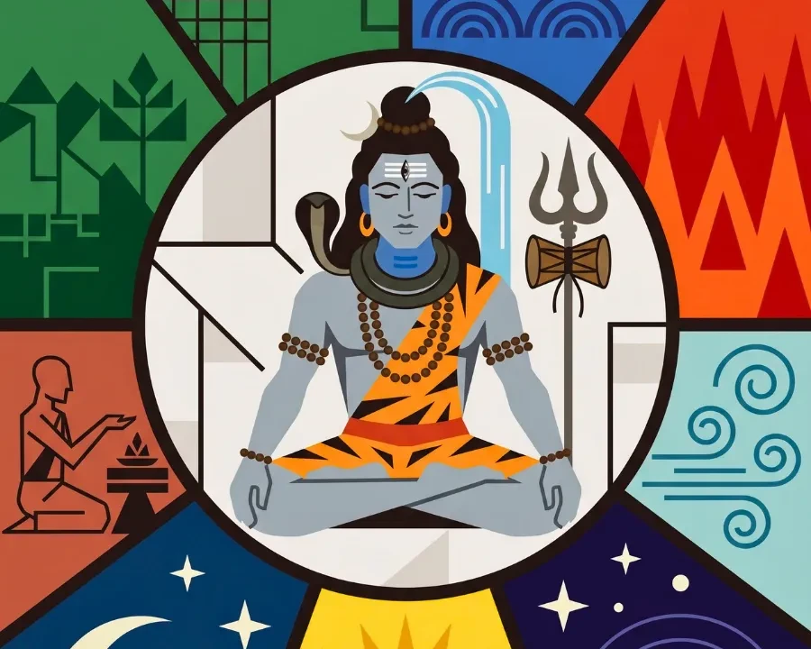 शिव आठ खानों के बीच खड़े हैं जिनमें तत्व, सूर्य, चंद्र और यजमान दिखते हैं।