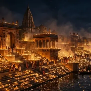 कार्तिक अमावस्या की काली रात में सरयू नदी के तट पर जगमगाते मिट्टी के दीये