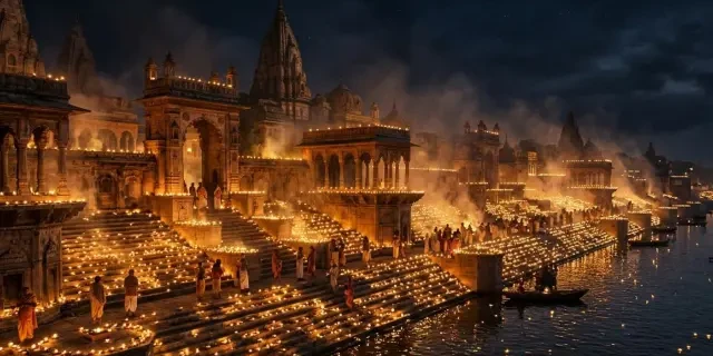 कार्तिक अमावस्या की काली रात में सरयू नदी के तट पर जगमगाते मिट्टी के दीये