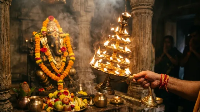 भगवान की प्रतिमा के सामने आरती का पीतल का दीपक
