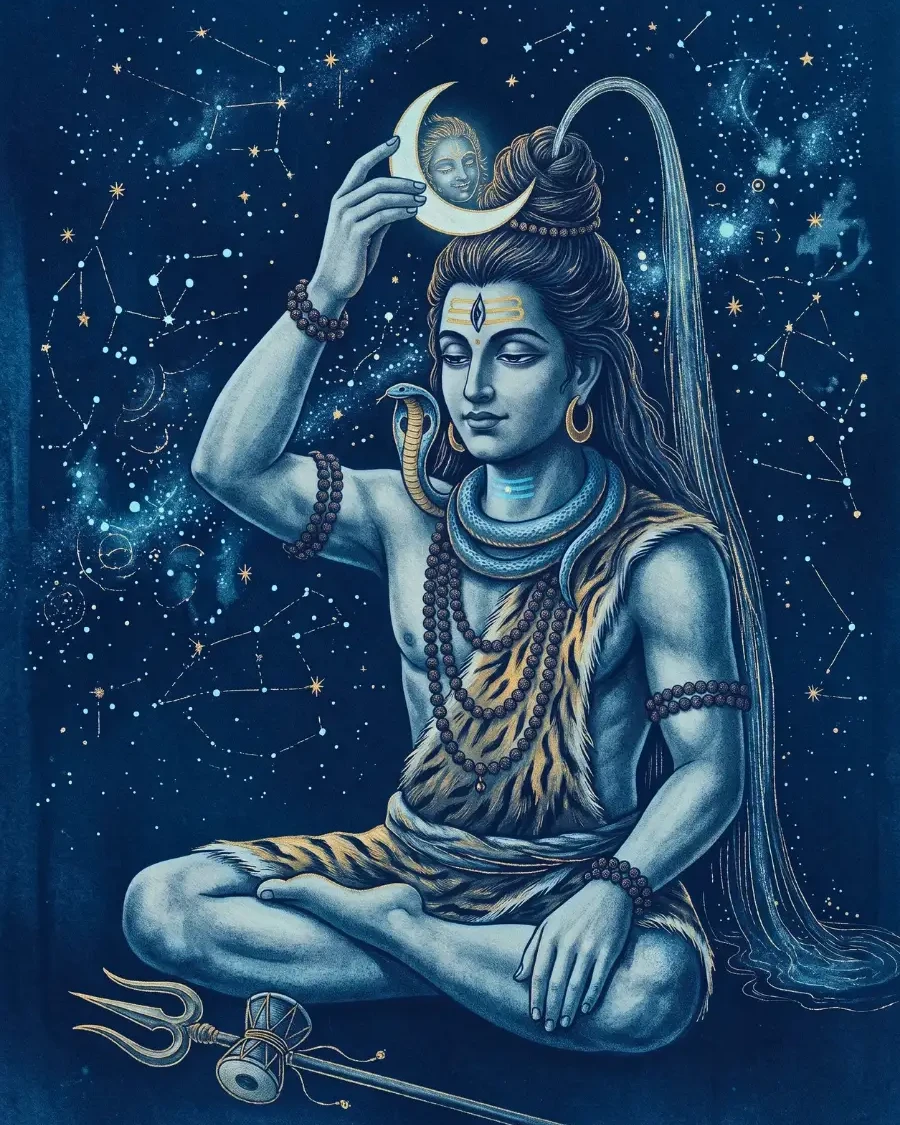 शिव पतले अर्धचंद्र को तारों भरे आकाश में अपनी जटा पर रख रहे हैं।