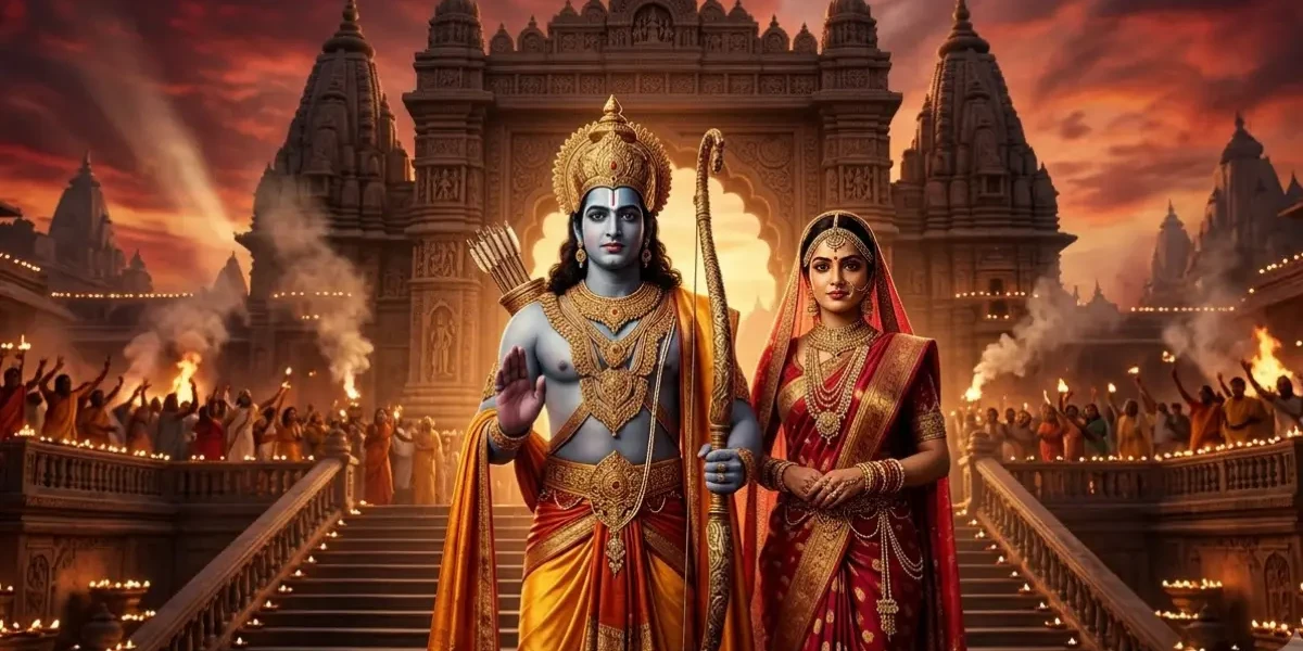 दीपावली क्यों मनाई जाती है: दीयों की स्वर्णिम रोशनी में भगवान श्री राम और माता सीता की अयोध्या वापसी का दृश्य