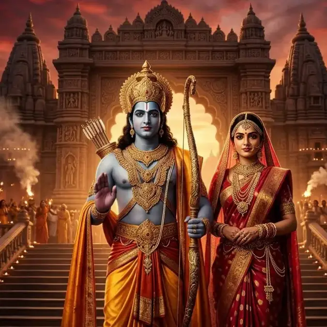 दीपावली क्यों मनाई जाती है: दीयों की स्वर्णिम रोशनी में भगवान श्री राम और माता सीता की अयोध्या वापसी का दृश्य