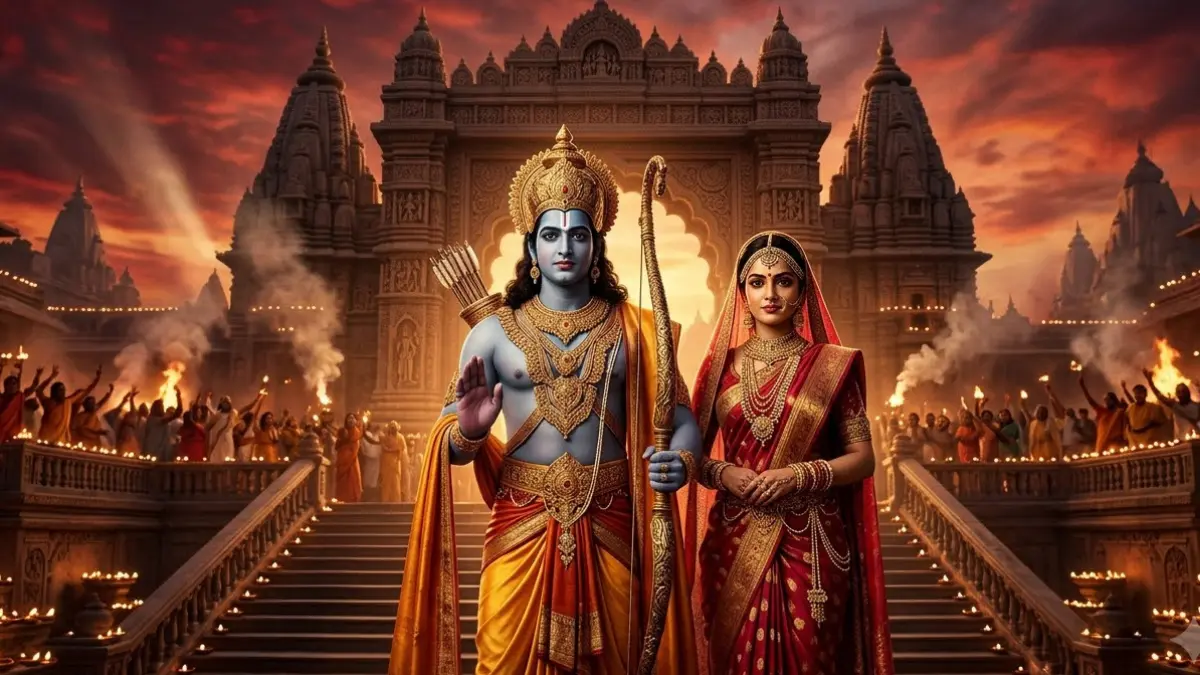 दीपावली क्यों मनाई जाती है: दीयों की स्वर्णिम रोशनी में भगवान श्री राम और माता सीता की अयोध्या वापसी का दृश्य