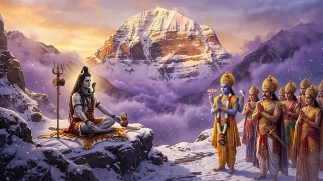 कैलाश पर्वत पर भगवान शिव से सहायता की प्रार्थना करते देवता