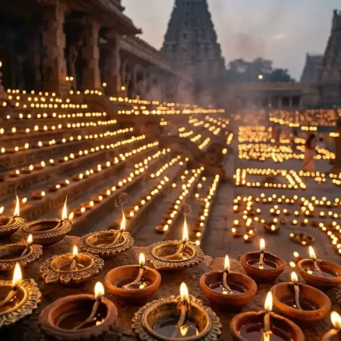 कई पारंपरिक जलते हुए दीयों का दिव्य दृश्य