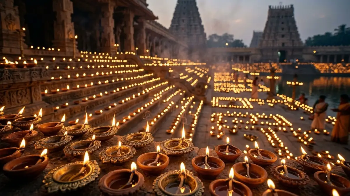 कई पारंपरिक जलते हुए दीयों का दिव्य दृश्य