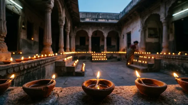 शाम के समय आंगन में सजे मिट्टी के दीपक