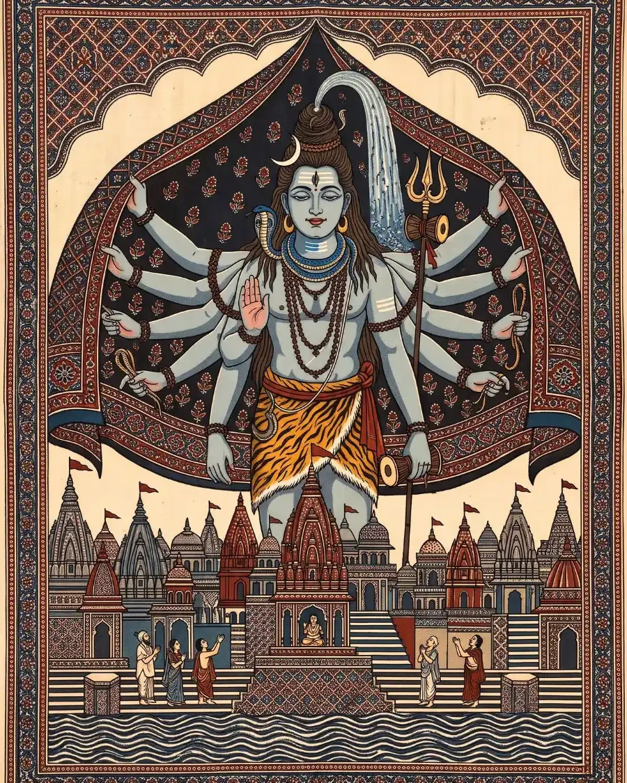 शिव काशी नगरी के ऊपर विशाल गजचर्म को चंदोवे की तरह फैलाए हैं।
