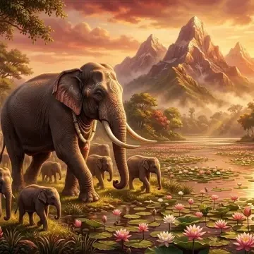 हाथियों के झुंड के साथ कमल से भरे सरोवर की ओर बढ़ता विशाल गजेंद्र