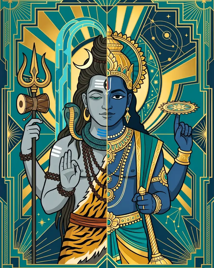 एक ही आकृति आधी शिव और आधी विष्णु की है।