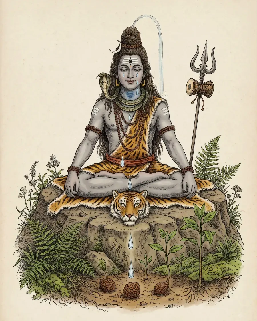 शिव के आँसू धरती पर गिरकर रुद्राक्ष के पौधे बन रहे हैं।