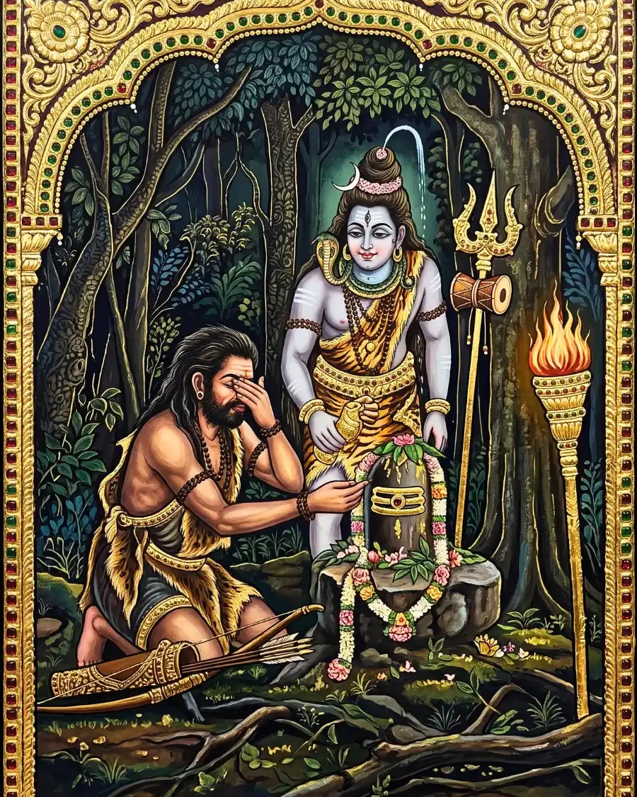 शिकारी वन के शिवलिंग को अपनी आँख अर्पित कर रहा है और शिव उसे रोकने हाथ बढ़ाते हैं।