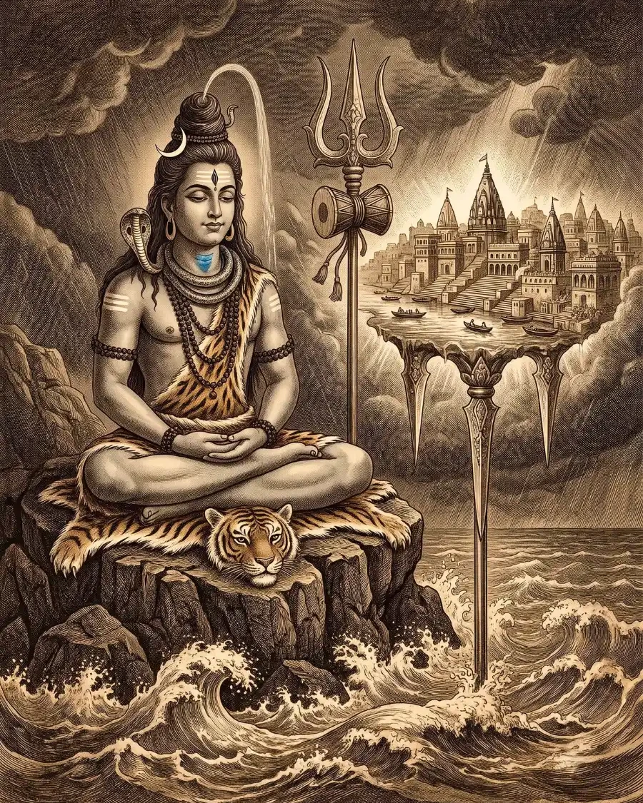 घाटों और मंदिरों वाली नगरी शिव के त्रिशूल की नोकों पर बाढ़ के ऊपर टिकी है।
