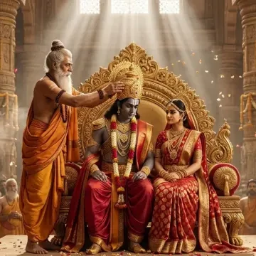 गुरु वशिष्ठ द्वारा स्वर्ण सिंहासन पर विराजमान भगवान श्री राम का राज्याभिषेक