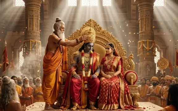 गुरु वशिष्ठ द्वारा स्वर्ण सिंहासन पर विराजमान भगवान श्री राम का राज्याभिषेक