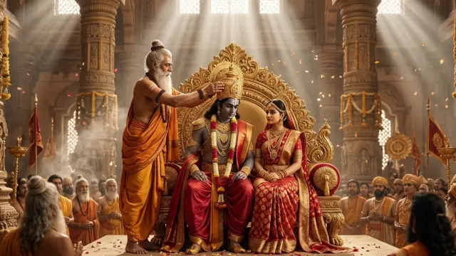 गुरु वशिष्ठ द्वारा स्वर्ण सिंहासन पर विराजमान भगवान श्री राम का राज्याभिषेक