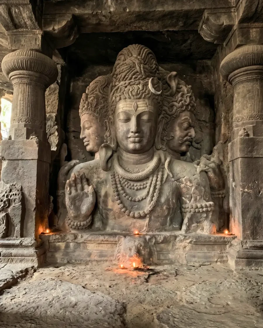 गुफा मंदिर में तीन मुखों वाले सदाशिव शांत, सौम्य और उग्र भाव में खड़े हैं।