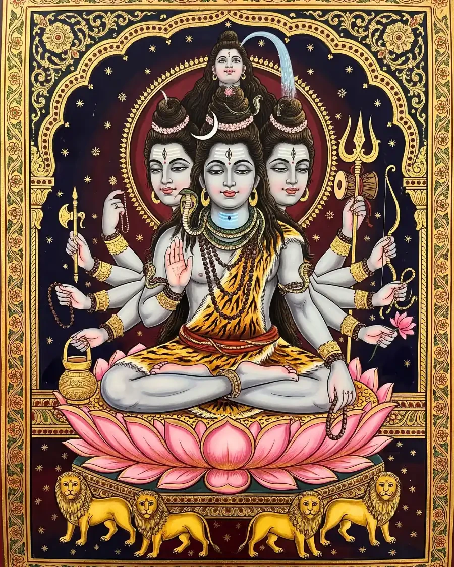 पाँच मुख और दस भुजाओं वाले शिव सिंहों से घिरे कमल सिंहासन पर विराजमान हैं।