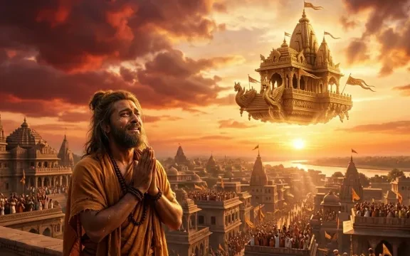 अयोध्या के आकाश में आता दिव्य पुष्पक विमान और नीचे अश्रुपूरित नेत्रों से स्वागत करते राजकुमार भरत