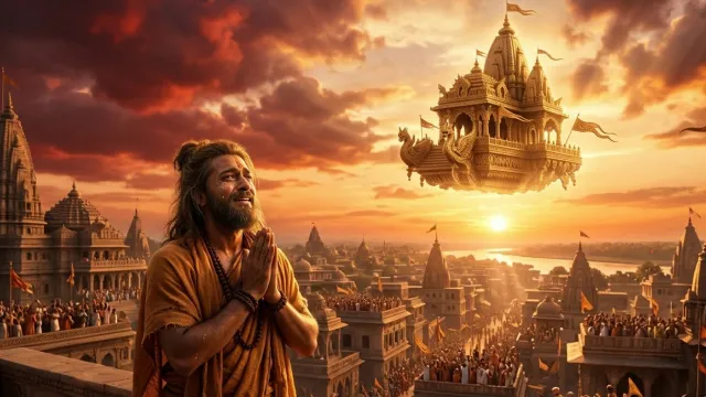 अयोध्या के आकाश में आता दिव्य पुष्पक विमान और नीचे अश्रुपूरित नेत्रों से स्वागत करते राजकुमार भरत