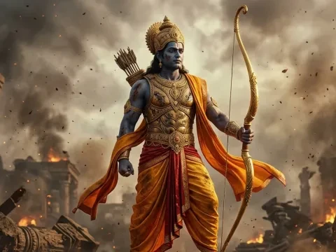 श्री राम लंका विजय के बाद अपने स्वर्णिम धनुष के साथ विजयी मुद्रा में खड़े हैं
