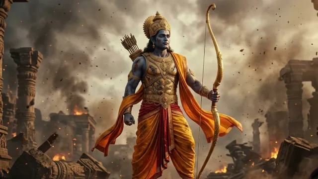 श्री राम लंका विजय के बाद अपने स्वर्णिम धनुष के साथ विजयी मुद्रा में खड़े हैं