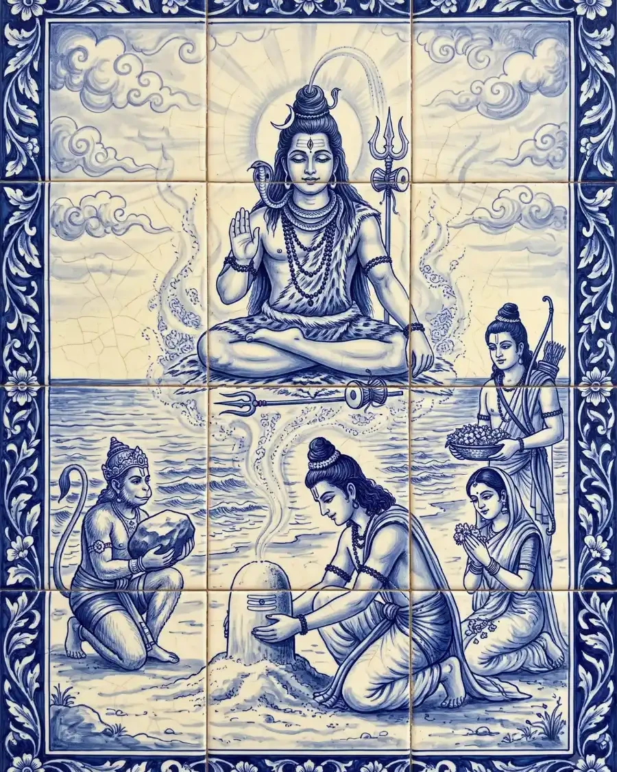 राम समुद्र किनारे रेत का शिवलिंग बना रहे हैं और सीता, लक्ष्मण व हनुमान पास खड़े हैं।