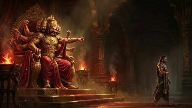 रावण विभीषण को लात मारकर सभा से निकालते हुए