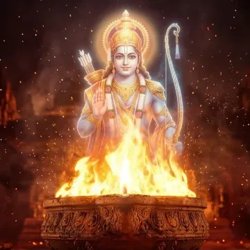 एक विशाल जलते हुए दीपक की ज्योति में भगवान श्री राम की दिव्य आभा का प्रकटीकरण