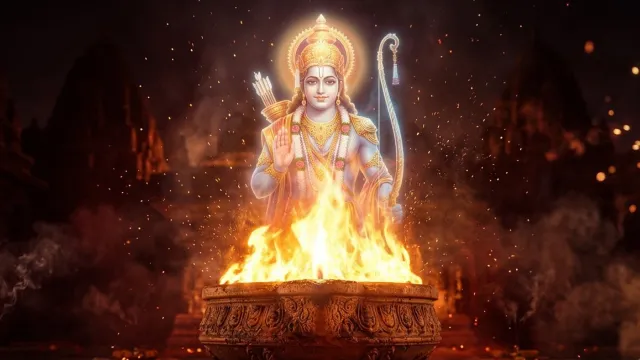 एक विशाल जलते हुए दीपक की ज्योति में भगवान श्री राम की दिव्य आभा का प्रकटीकरण