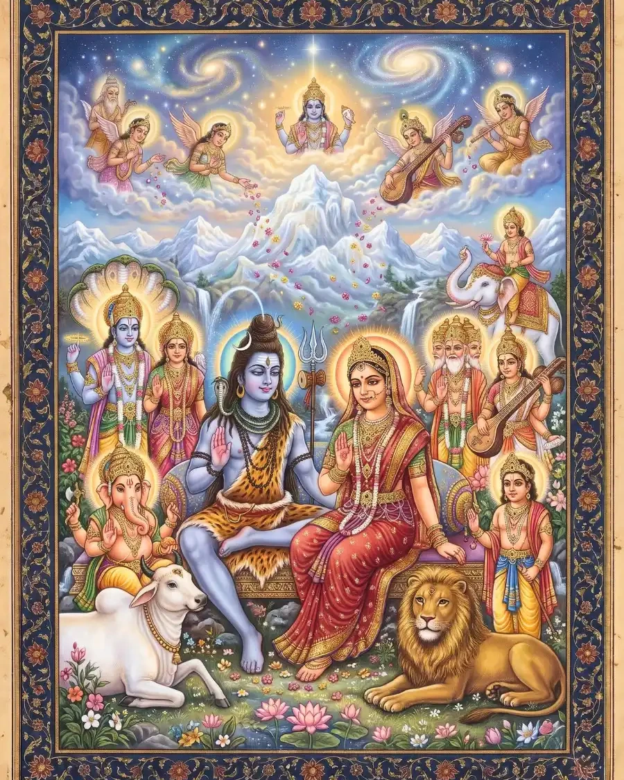 भगवान शिव, माता पार्वती और शिव परिवार का धार्मिक चित्र।