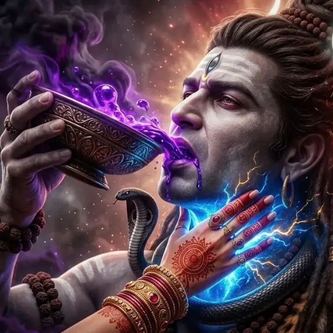 समुद्र मंथन के दौरान संसार की रक्षा के लिए हलाहल विष पीते भगवान शिव