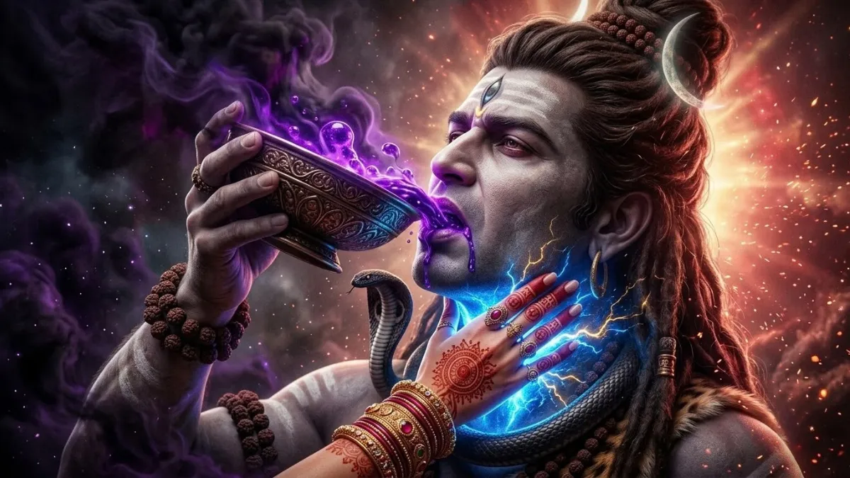समुद्र मंथन के दौरान संसार की रक्षा के लिए हलाहल विष पीते भगवान शिव