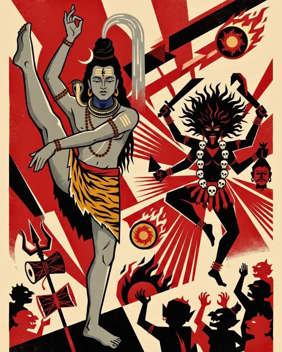 शिव एक पैर ऊपर उठाए हैं और सामने काली नृत्य प्रतियोगिता में खड़ी हैं।