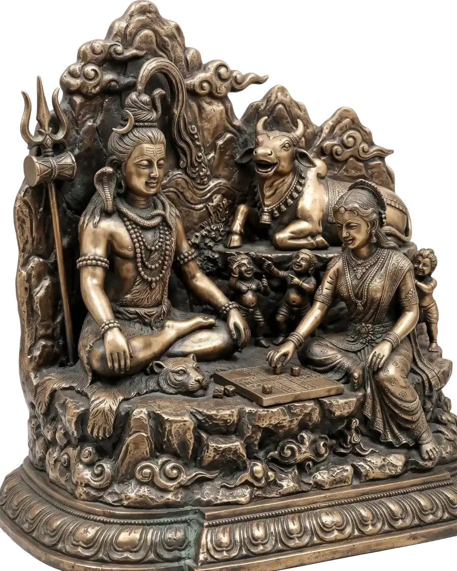 शिव और पार्वती कैलाश की छत पर चौसर खेल रहे हैं और नंदी हँस रहा है।