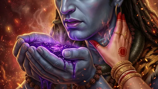 हलाहल विष को भगवान शिव के कंठ में रोकतीं माता पार्वती