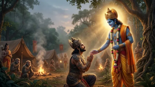 श्री राम विभीषण को गले लगाते और अभय दान देते हुए
