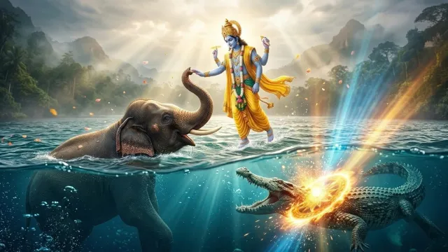 भगवान विष्णु गजेंद्र को ग्राह से बचाते हुए और उसे दिव्य स्पर्श देते हुए
