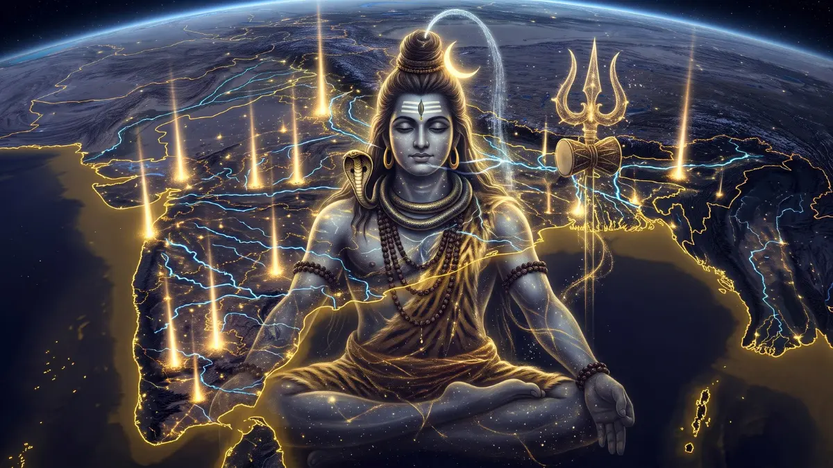 भारत के रात्रिकालीन मानचित्र पर बारह ज्योतिर्लिंग तीर्थस्थल स्वर्णिम प्रकाश से चिह्नित हैं और पवित्र नदियाँ महीन चमकती रेखाओं के रूप में दिखाई देती हैं।