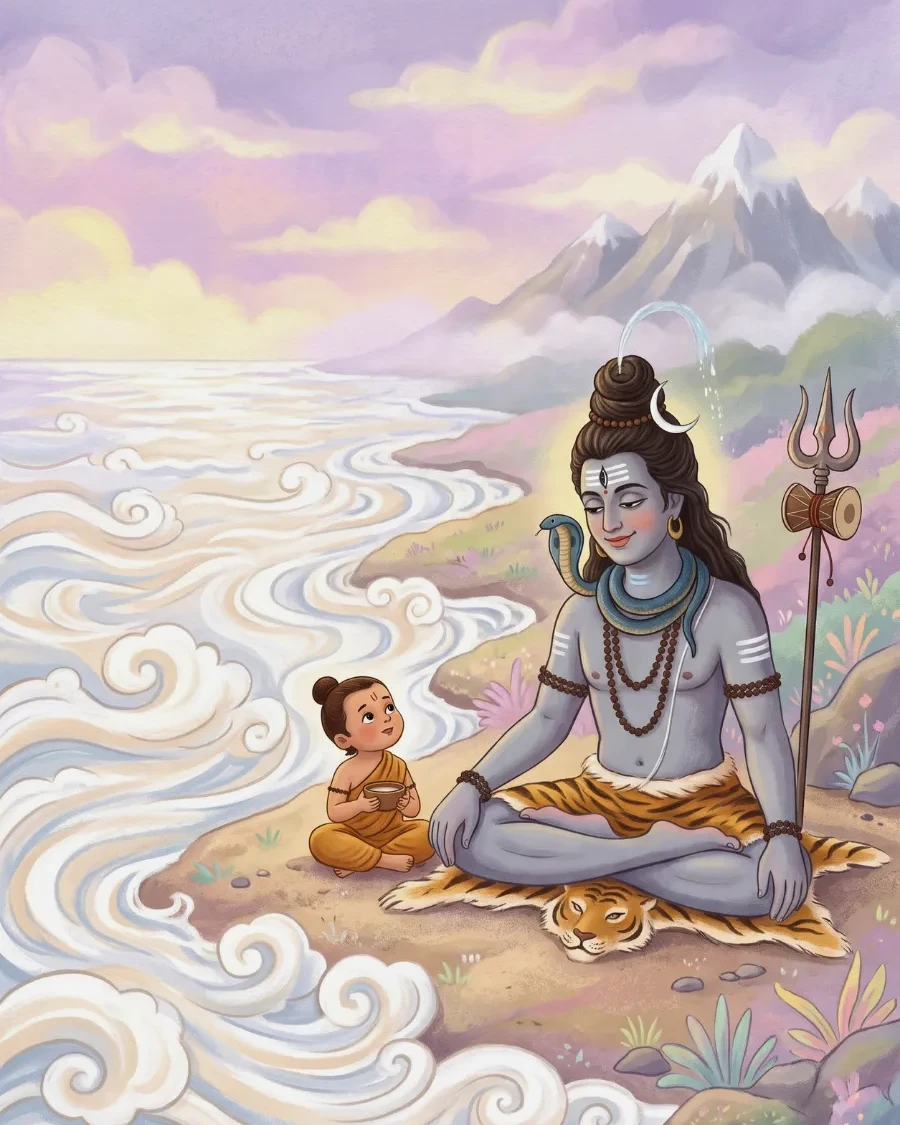 बालक ऋषि दूध के सागर के किनारे कटोरा लिए बैठा है और शिव मुस्कुरा रहे हैं।