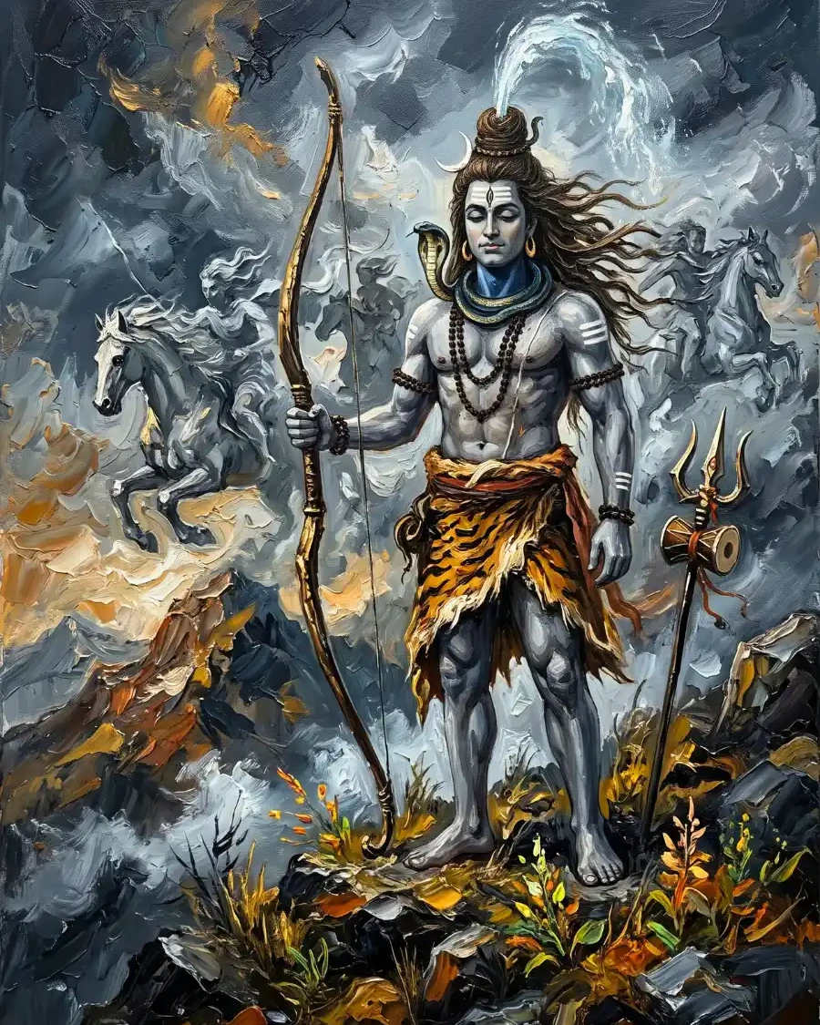 रुद्र रूप में शिव पहाड़ी पर धनुष लिए खड़े हैं और मरुत् बादलों पर सवार हैं।